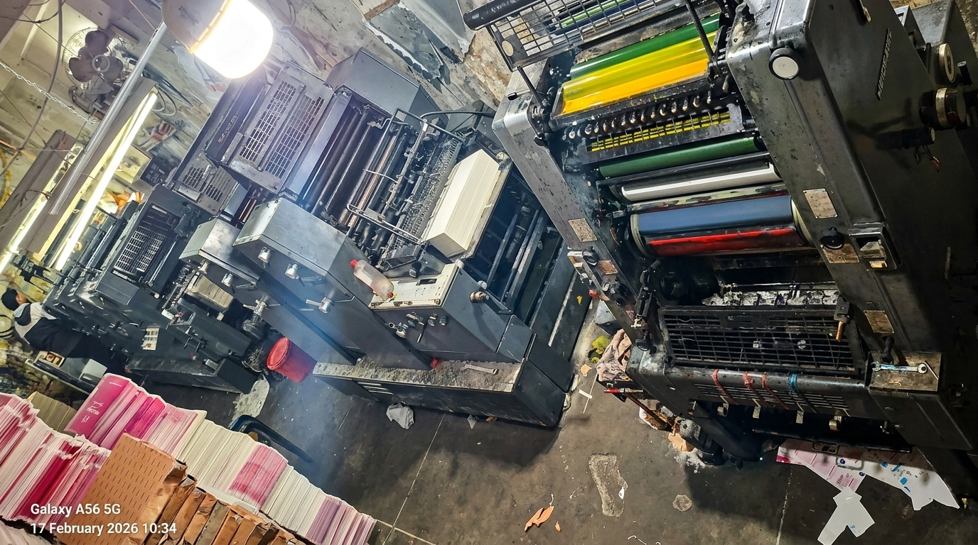 The real Aitemaad Packages production hall in Lahore, a row of offset presses at work