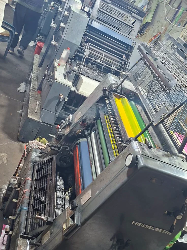 Heidelberg offset press with colour ink rollers on our Lahore factory floor