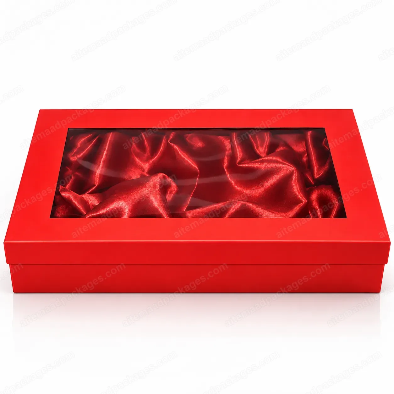Red Gift Box with Clear Window Lid and Satin Lining, front view through the window lid