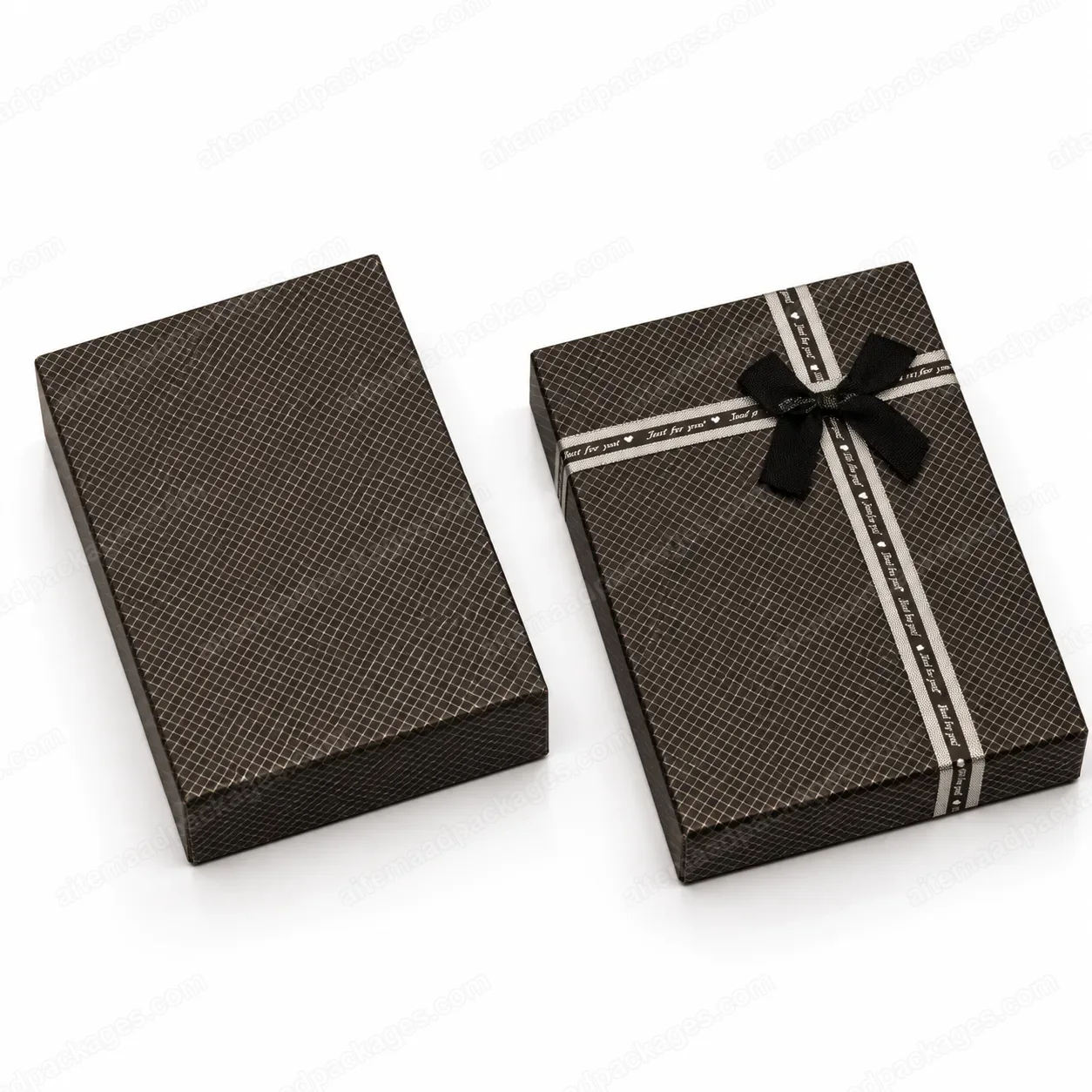 Black Check Pattern Gift Box with Ribbon, pair, one with striped ribbon and bow