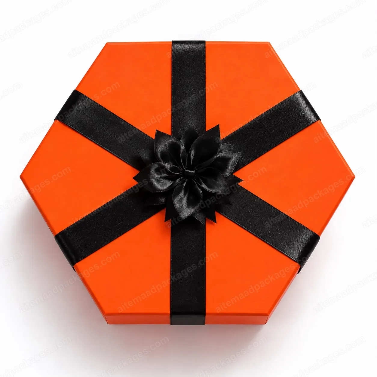 Orange Hexagon Gift Box with Black Satin Ribbon