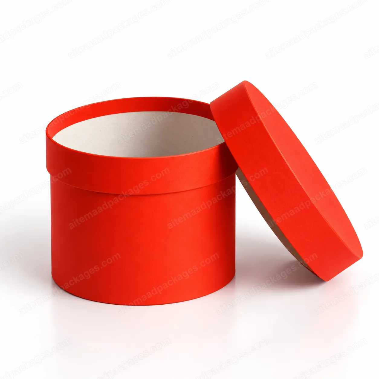 Red Round Hat Box, Small, open, lid leaning