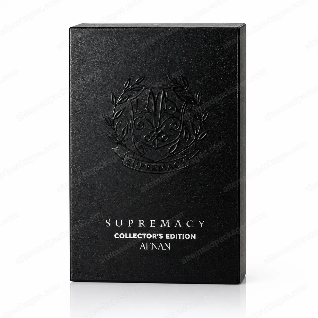 Black Embossed Perfume Box, front view, embossed lid