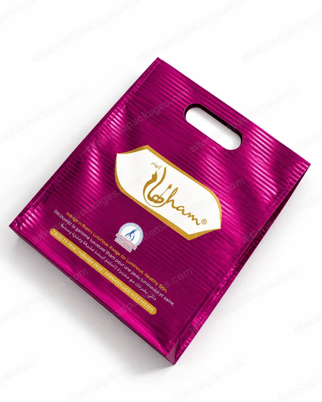 Custom Printed Shopping Bags, magenta die-cut handle bag, front