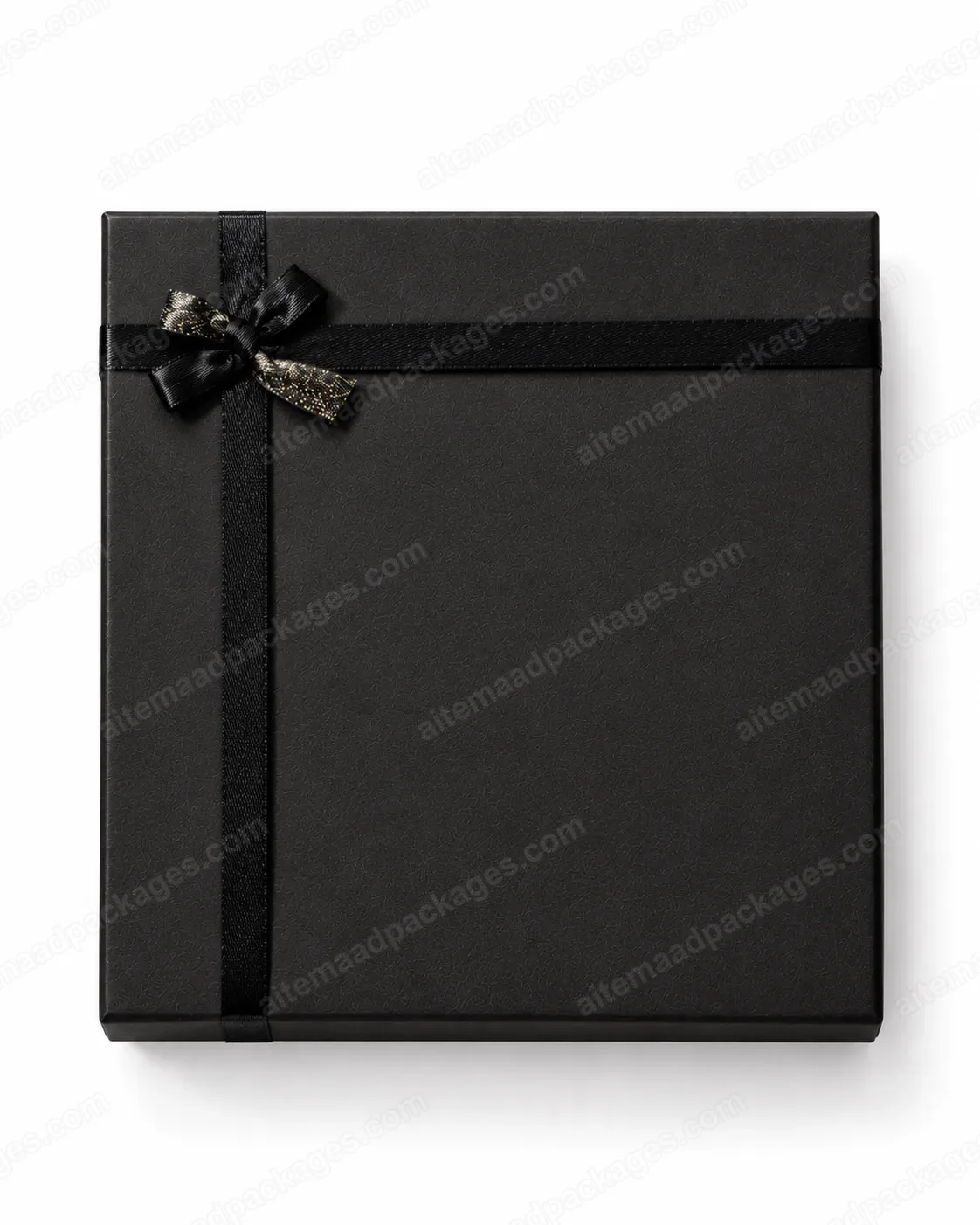 Black Gift Box with Satin Ribbon, Extra Large, top view with ribbon and bow