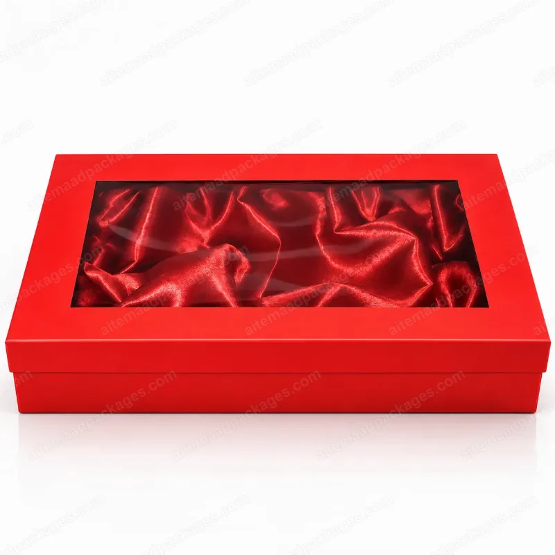 Red Gift Box with Clear Window Lid and Satin Lining (39 x 26 cm)