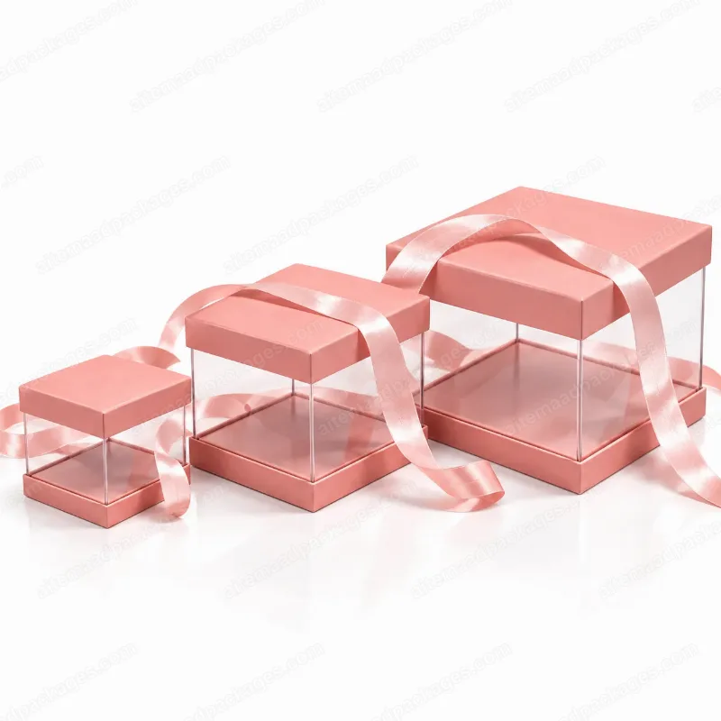 Pink Clear Cube Gift Box with Ribbon, Set of 3 (15, 20, 26 cm)